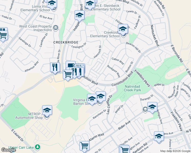 map of restaurants, bars, coffee shops, grocery stores, and more near 17 Boston Circle in Salinas