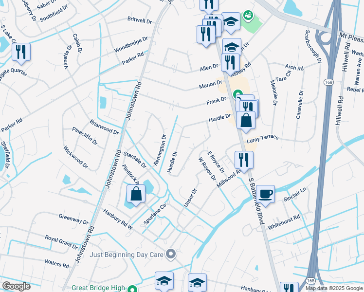 map of restaurants, bars, coffee shops, grocery stores, and more near 215 Hurdle Drive in Chesapeake