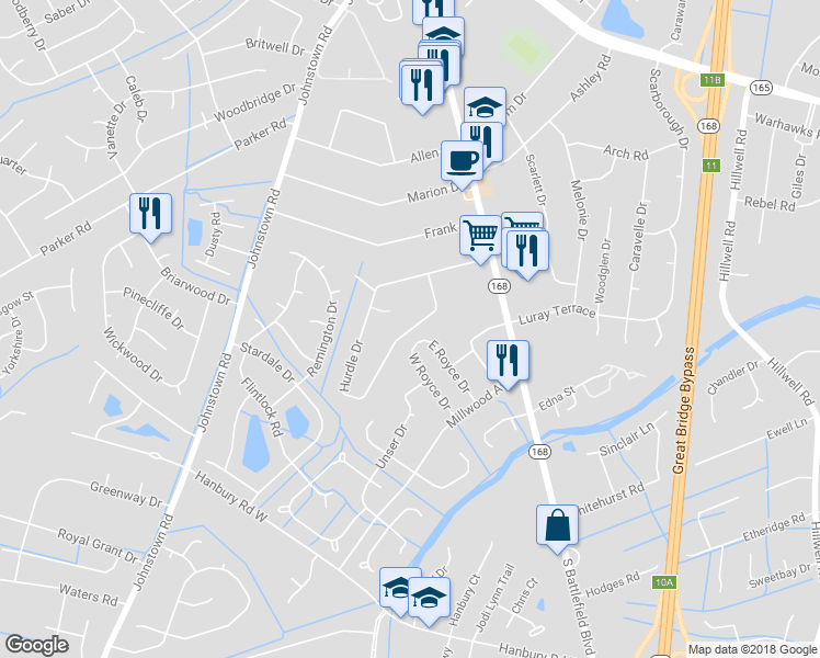 map of restaurants, bars, coffee shops, grocery stores, and more near 330 Hurdle Drive in Chesapeake