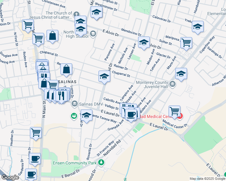 map of restaurants, bars, coffee shops, grocery stores, and more near 1256 Linwood Drive in Salinas