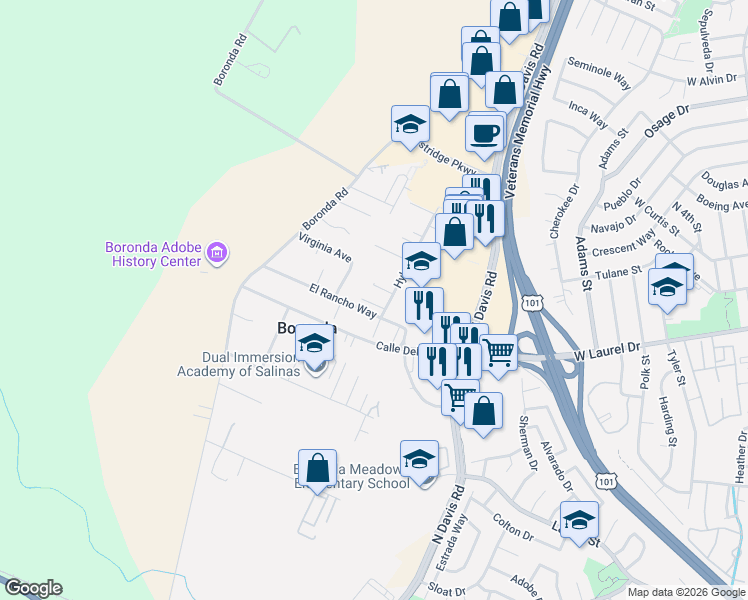 map of restaurants, bars, coffee shops, grocery stores, and more near 419C Hyland Drive in Salinas