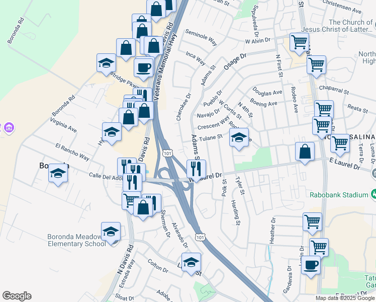 map of restaurants, bars, coffee shops, grocery stores, and more near 1274 Cherokee Drive in Salinas