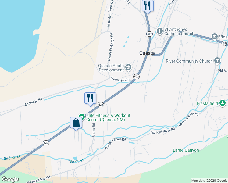 map of restaurants, bars, coffee shops, grocery stores, and more near 2388 New Mexico 522 in Questa