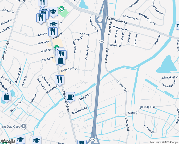 map of restaurants, bars, coffee shops, grocery stores, and more near 631 Luray Terrace in Chesapeake