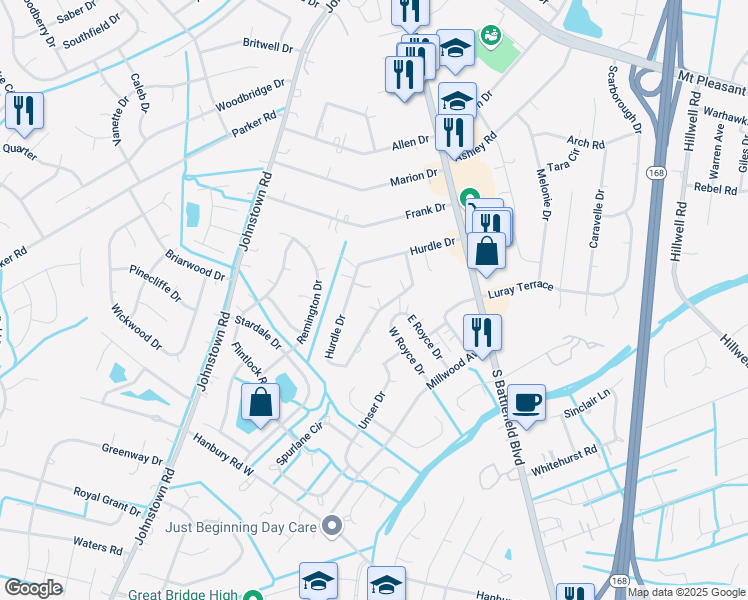 map of restaurants, bars, coffee shops, grocery stores, and more near 205 Hurdle Drive in Chesapeake