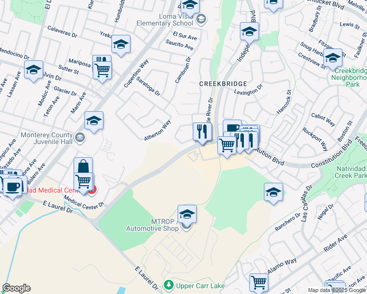 map of restaurants, bars, coffee shops, grocery stores, and more near 1513 Oyster Bay Court in Salinas