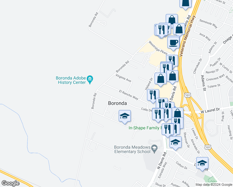 map of restaurants, bars, coffee shops, grocery stores, and more near 16920 El Rancho Way in Salinas