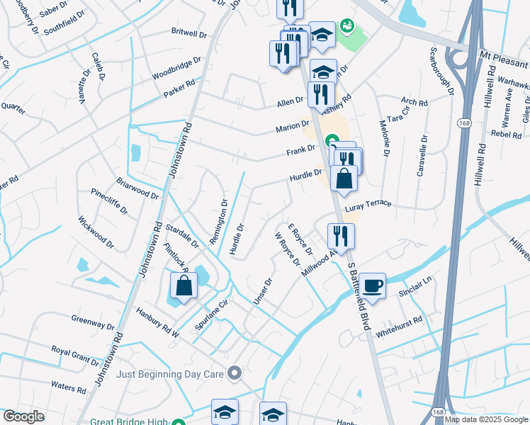 map of restaurants, bars, coffee shops, grocery stores, and more near 205 Hurdle Drive in Chesapeake