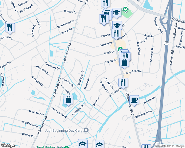 map of restaurants, bars, coffee shops, grocery stores, and more near 213 Hurdle Drive in Chesapeake