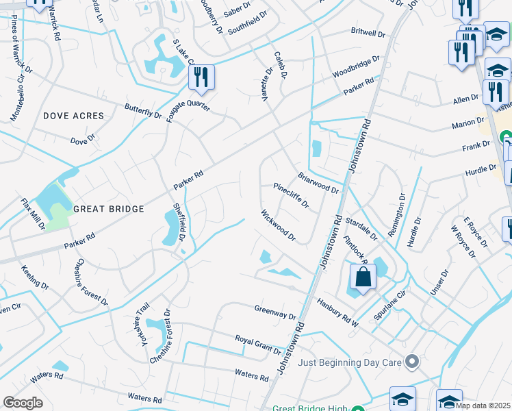 map of restaurants, bars, coffee shops, grocery stores, and more near 548 Wickwood Drive in Chesapeake
