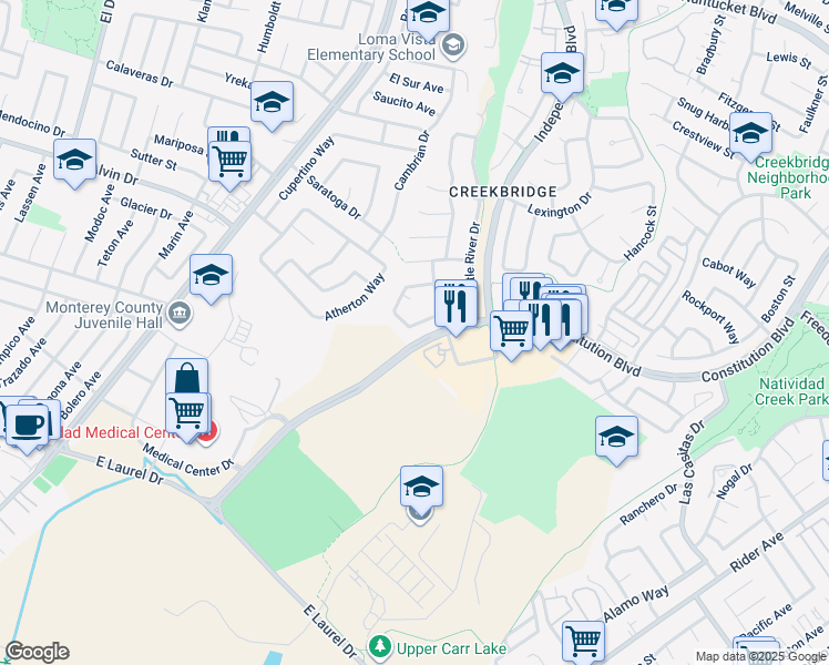 map of restaurants, bars, coffee shops, grocery stores, and more near 1513 Oyster Bay Court in Salinas