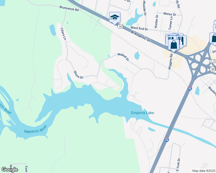 map of restaurants, bars, coffee shops, grocery stores, and more near Walker Mill Trail in Emporia