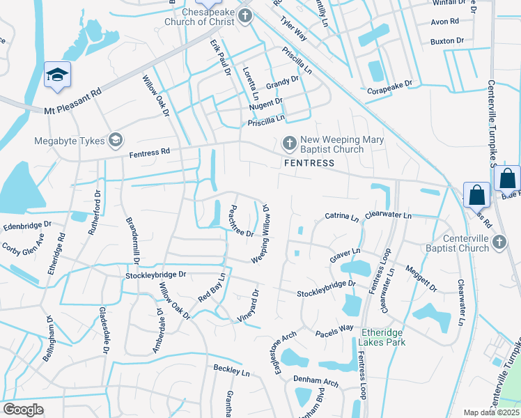 map of restaurants, bars, coffee shops, grocery stores, and more near 937 Weeping Willow Drive in Chesapeake