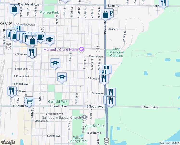 map of restaurants, bars, coffee shops, grocery stores, and more near 317 South 12th Street in Ponca City