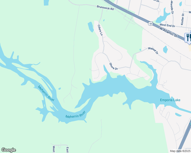map of restaurants, bars, coffee shops, grocery stores, and more near 403 Shore Drive in Emporia
