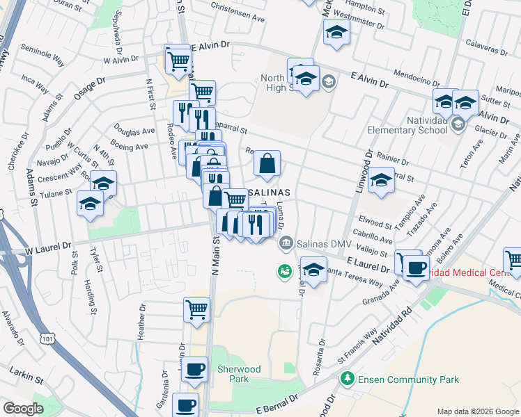 map of restaurants, bars, coffee shops, grocery stores, and more near 220 Dororo Drive in Salinas