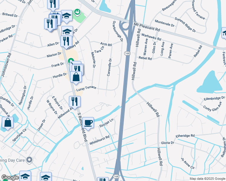 map of restaurants, bars, coffee shops, grocery stores, and more near 631 Luray Terrace in Chesapeake