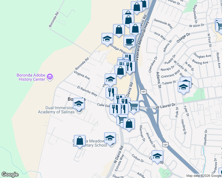 map of restaurants, bars, coffee shops, grocery stores, and more near in Salinas