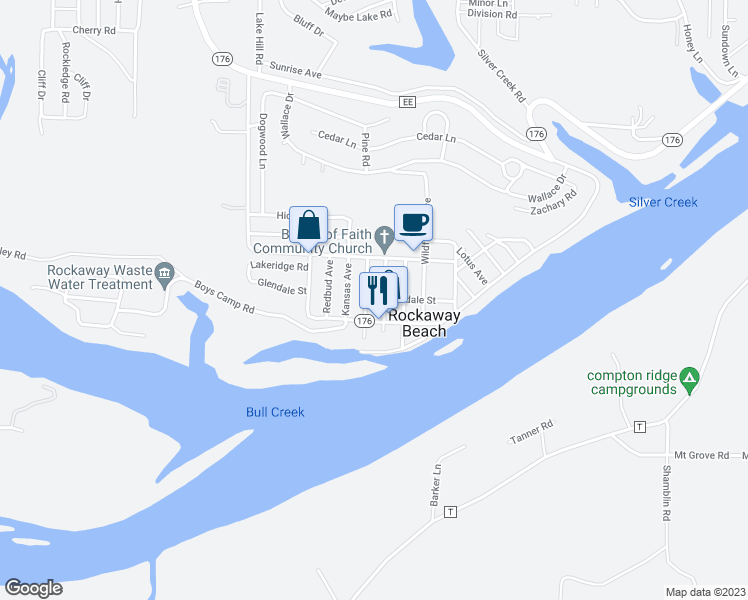 map of restaurants, bars, coffee shops, grocery stores, and more near 295 Glendale Street in Rockaway Beach