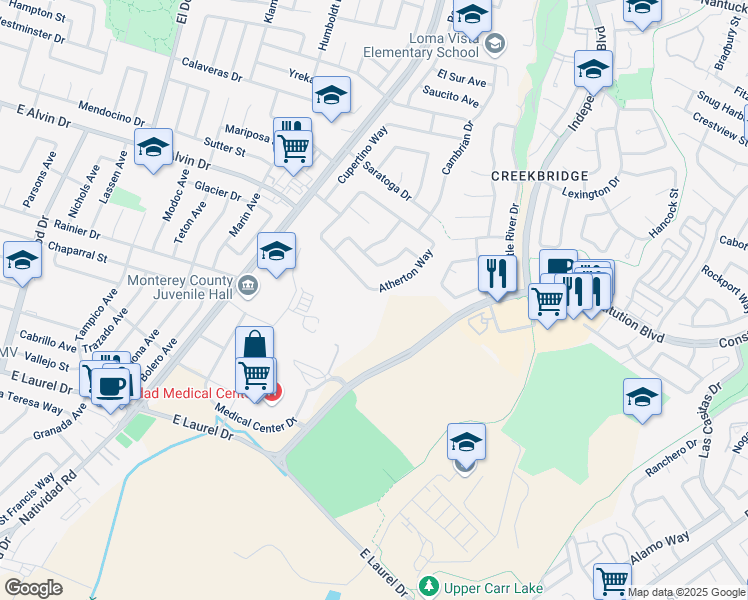 map of restaurants, bars, coffee shops, grocery stores, and more near 1641 Atherton Way in Salinas