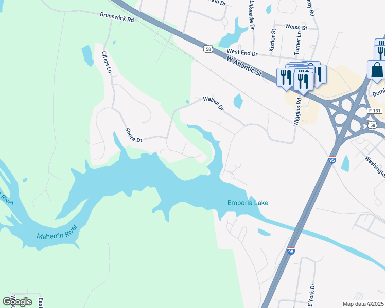 map of restaurants, bars, coffee shops, grocery stores, and more near 135 Walker Mill Trail in Emporia