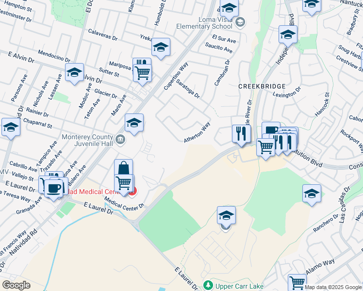 map of restaurants, bars, coffee shops, grocery stores, and more near 1641 Atherton Way in Salinas