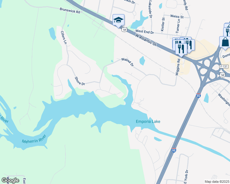 map of restaurants, bars, coffee shops, grocery stores, and more near 135 Walker Mill Trail in Emporia