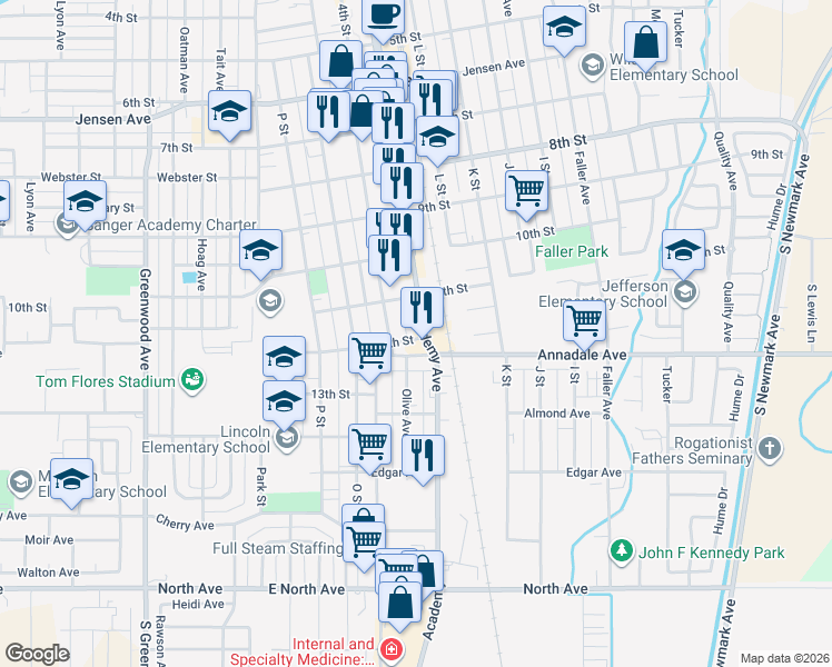map of restaurants, bars, coffee shops, grocery stores, and more near 1119 Academy Avenue in Sanger