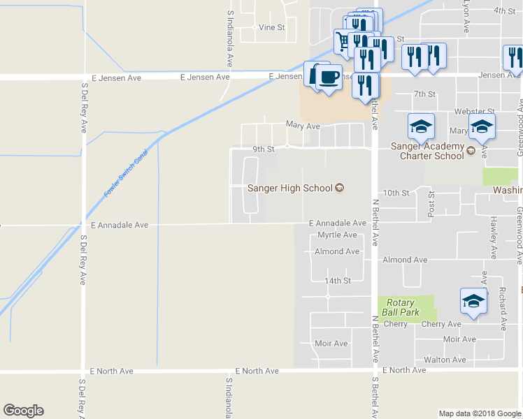 map of restaurants, bars, coffee shops, grocery stores, and more near 1076 Pinewood Avenue in Sanger