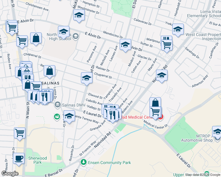 map of restaurants, bars, coffee shops, grocery stores, and more near 1313 Tampico Avenue in Salinas