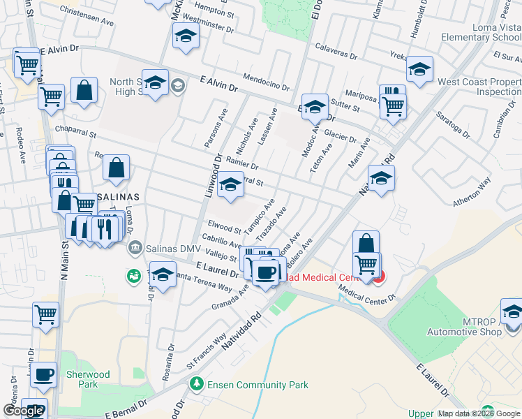 map of restaurants, bars, coffee shops, grocery stores, and more near 1313 Tampico Avenue in Salinas