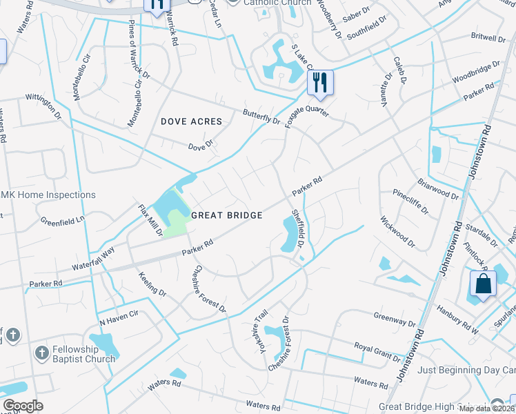 map of restaurants, bars, coffee shops, grocery stores, and more near 661 Parker Road in Chesapeake