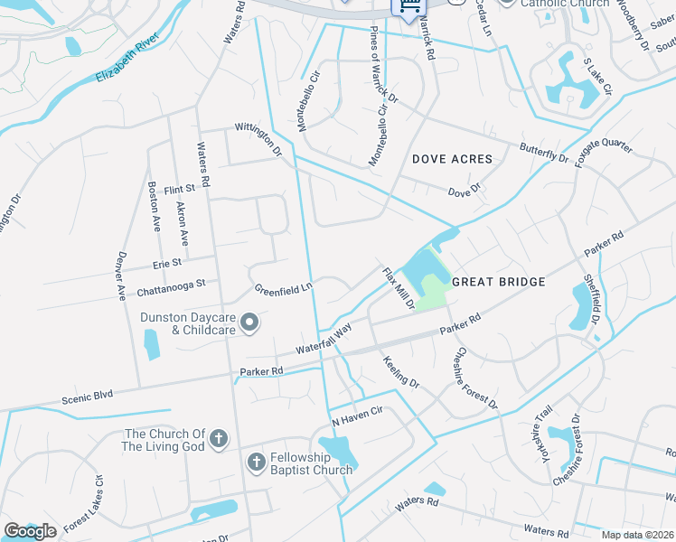 map of restaurants, bars, coffee shops, grocery stores, and more near 712 Greenfield Lane in Chesapeake