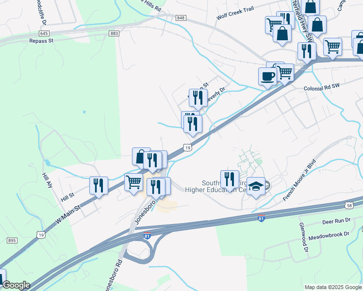 map of restaurants, bars, coffee shops, grocery stores, and more near 1003 West Main Street in Abingdon