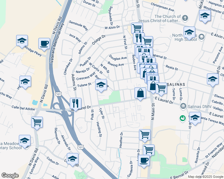 map of restaurants, bars, coffee shops, grocery stores, and more near 521 Rochex Avenue in Salinas