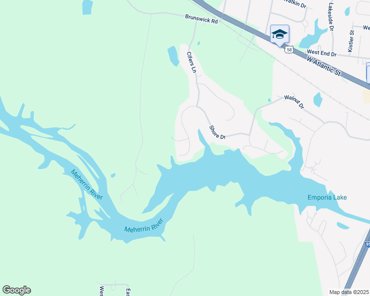 map of restaurants, bars, coffee shops, grocery stores, and more near 403 Shore Drive in Emporia