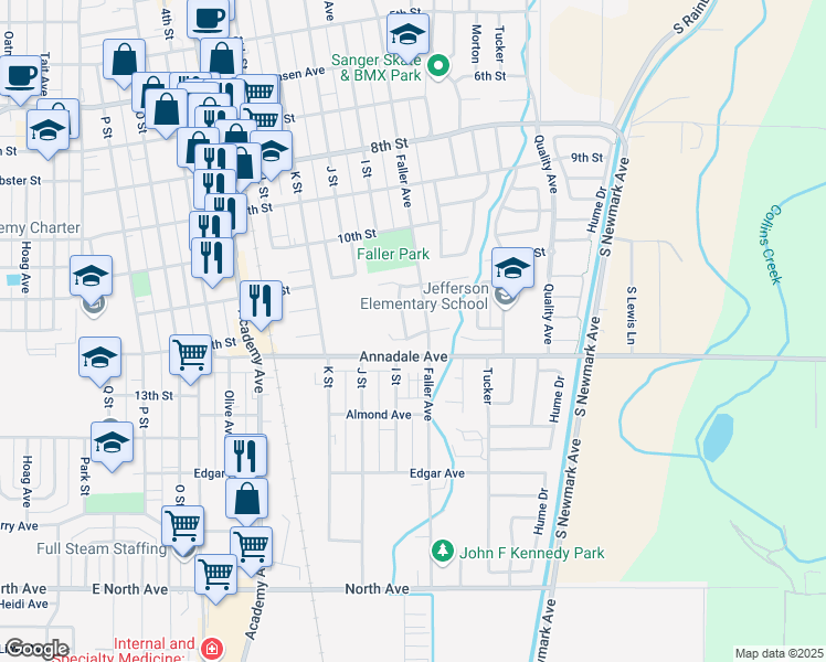 map of restaurants, bars, coffee shops, grocery stores, and more near 1150 Mardros Avenue in Sanger