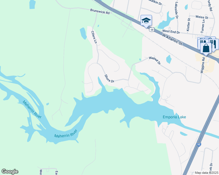 map of restaurants, bars, coffee shops, grocery stores, and more near 112 Shore Drive in Emporia