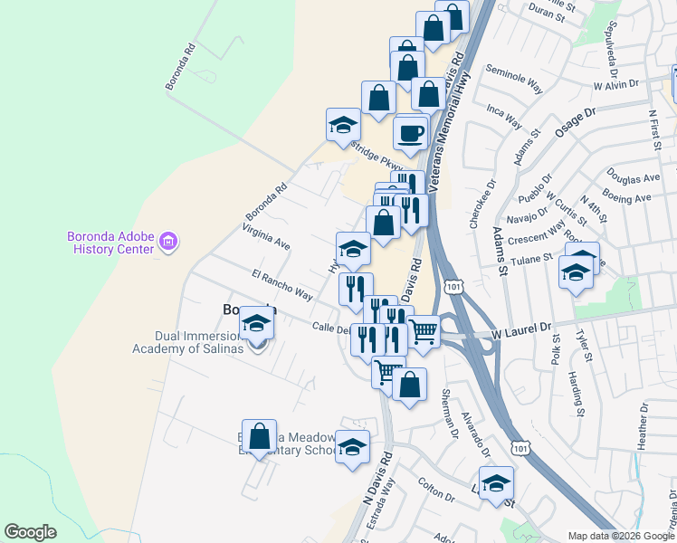 map of restaurants, bars, coffee shops, grocery stores, and more near 422 Hyland Drive in Salinas