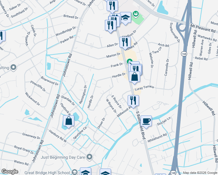 map of restaurants, bars, coffee shops, grocery stores, and more near 346 Hurdle Drive in Chesapeake