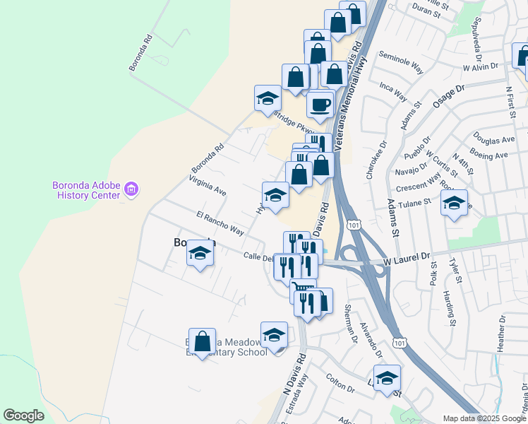 map of restaurants, bars, coffee shops, grocery stores, and more near 422 Hyland Drive in Salinas