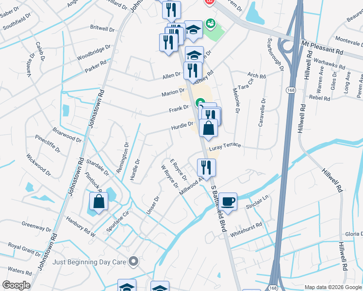 map of restaurants, bars, coffee shops, grocery stores, and more near 714 South Battlefield Boulevard in Chesapeake