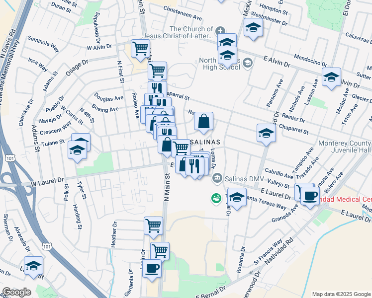 map of restaurants, bars, coffee shops, grocery stores, and more near 253 Tapadero Street in Salinas