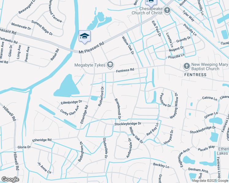 map of restaurants, bars, coffee shops, grocery stores, and more near 733 Brandermill Drive in Chesapeake