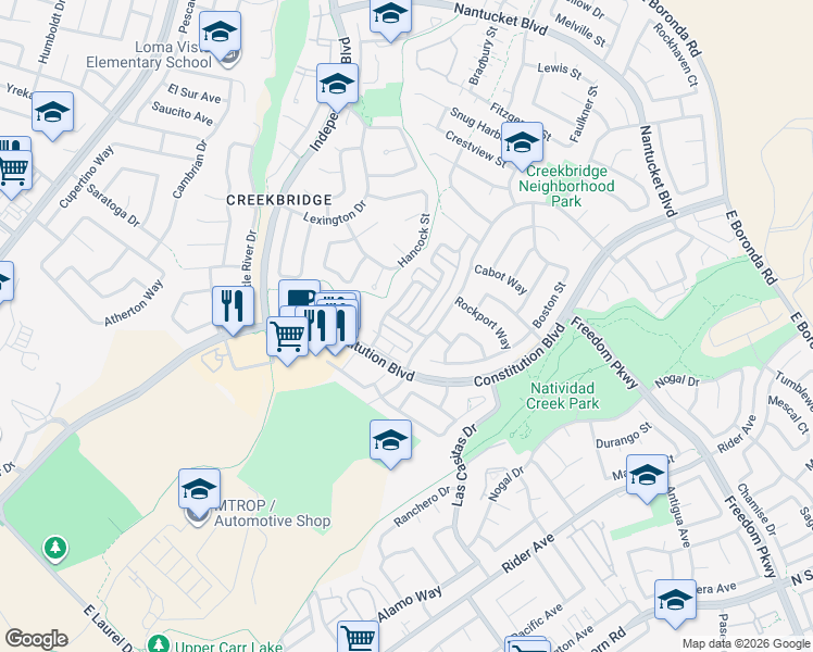 map of restaurants, bars, coffee shops, grocery stores, and more near Georgetown Way & Charlestown Way in Salinas