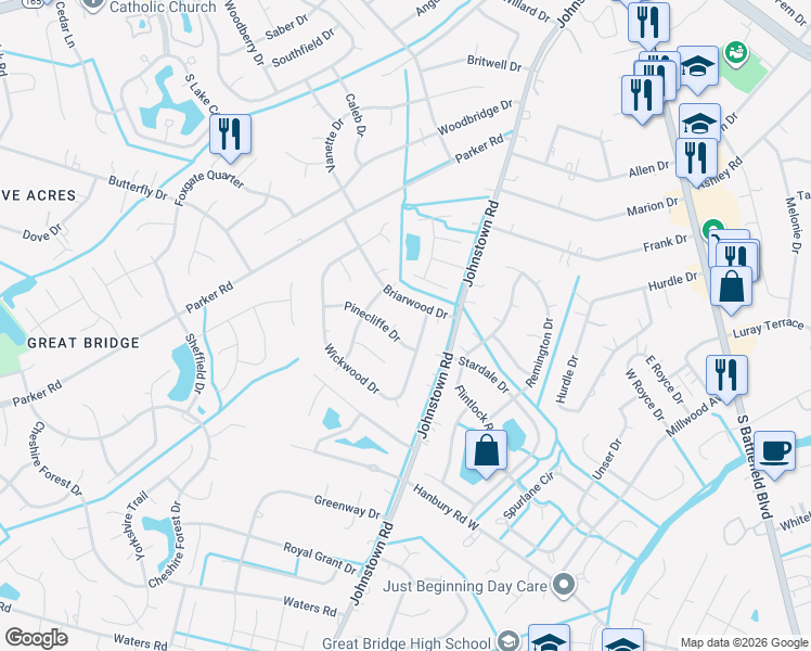 map of restaurants, bars, coffee shops, grocery stores, and more near 503 Pinecliffe Court in Chesapeake