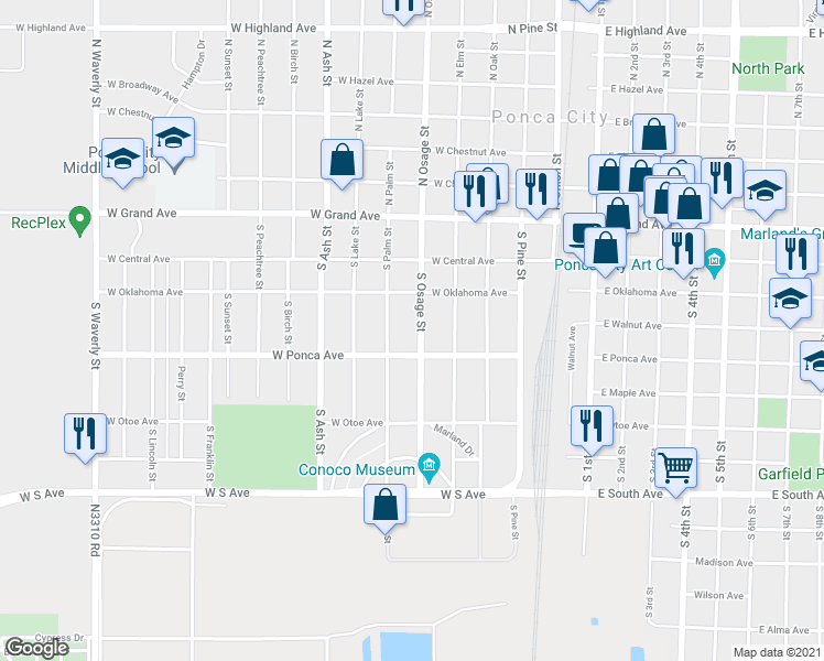 map of restaurants, bars, coffee shops, grocery stores, and more near 328 South Osage Street in Ponca City