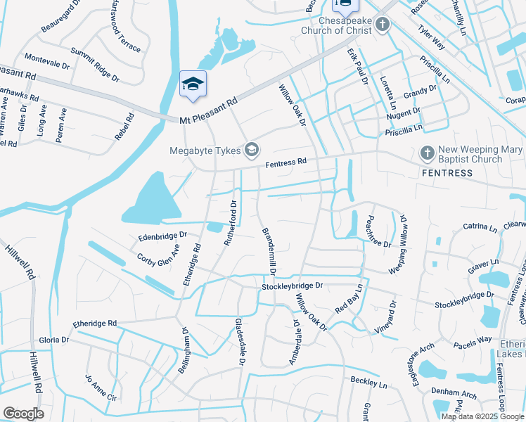 map of restaurants, bars, coffee shops, grocery stores, and more near 733 Brandermill Drive in Chesapeake