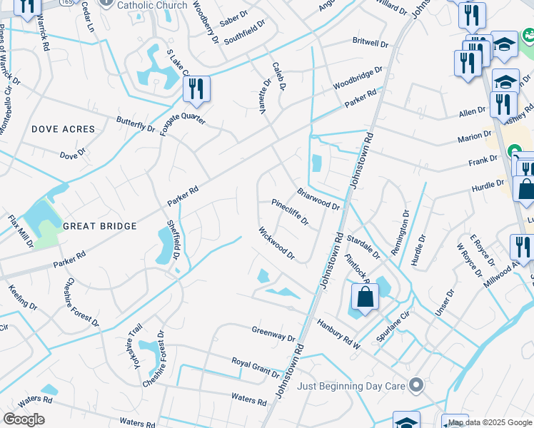 map of restaurants, bars, coffee shops, grocery stores, and more near 604 Green Oaks Court in Chesapeake