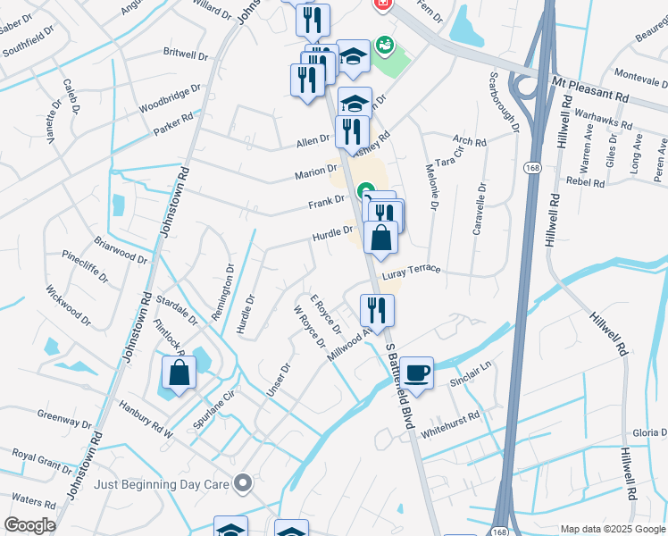 map of restaurants, bars, coffee shops, grocery stores, and more near 714 South Battlefield Boulevard in Chesapeake